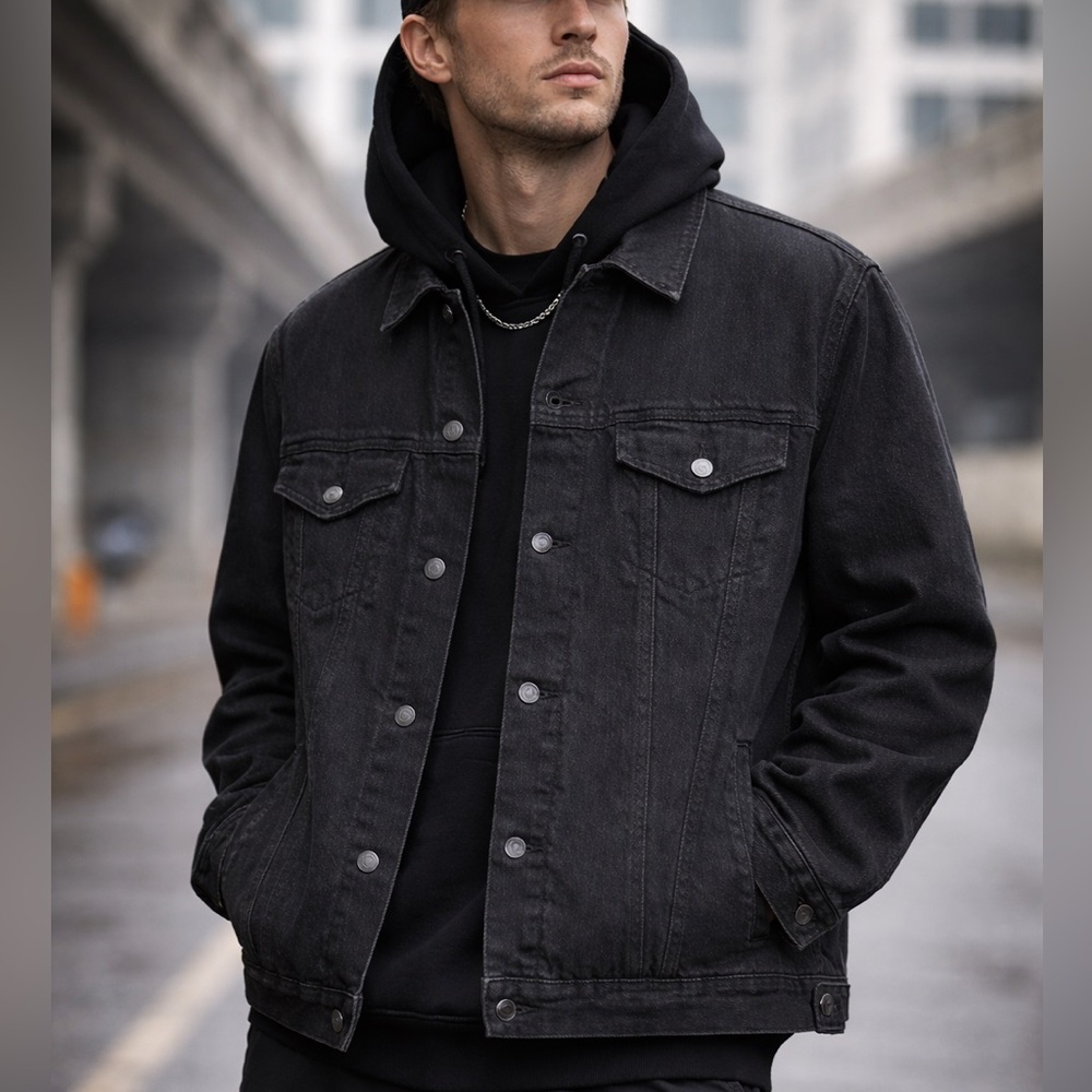 Old Navy Black Denim Jacket Quilted Lined Trucker Mens L Tall Black Wash Cotton
